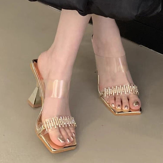 Damen elegante bequeme Sandalen mit transparentem Riemen und Perlenakzenten EB