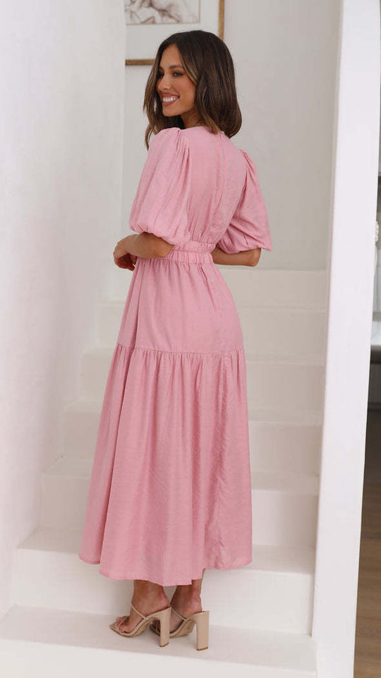 Damen Maxikleid mit weiten Puffärmeln und elastischem Taillenzug EB