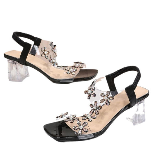 Damen Elegante Sandalen mit Blumenapplikationen und transparentem Absatz EB