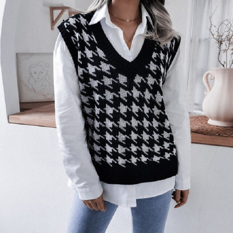 Damen Strickweste mit modernem Hahnentrittmuster EB
