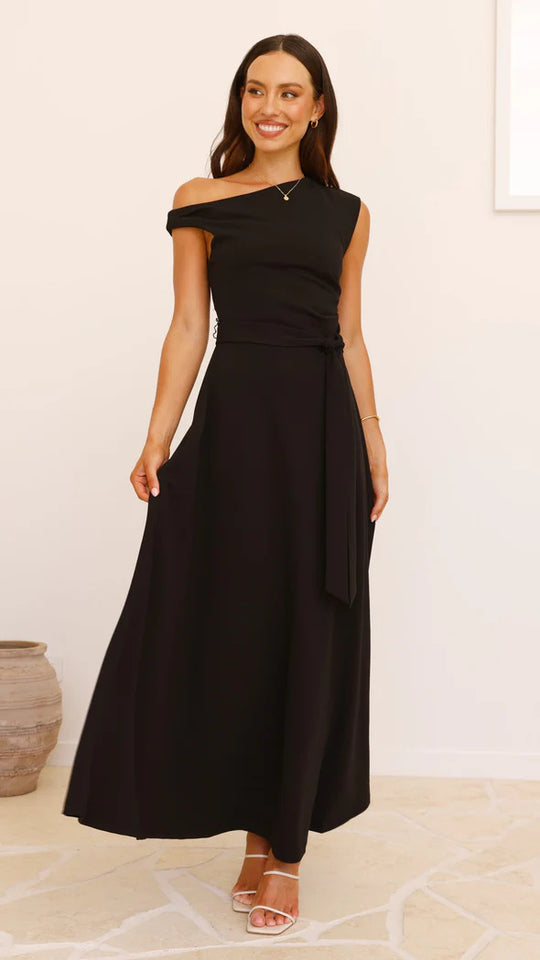 Damen Maxikleid mit schickem asymmetrischen Ausschnitt und eleganter Schleife EB