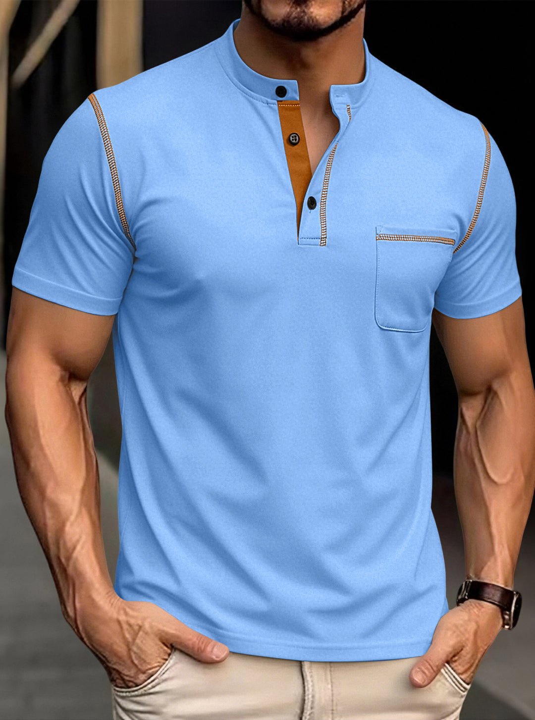 Herren nan modernes Kurzarm-Henley mit Stehkragen, Kontrastnähten und aufgesetzter Brusttasche EB