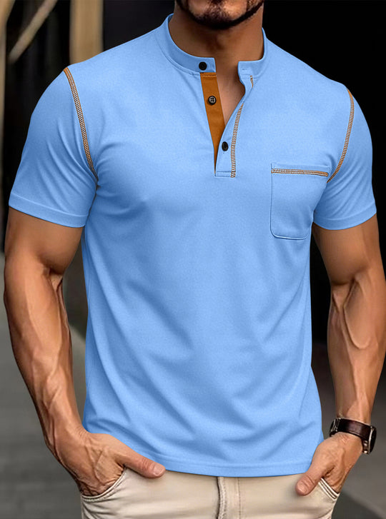 Herren nan modernes Kurzarm-Henley mit Stehkragen, Kontrastnähten und aufgesetzter Brusttasche EB