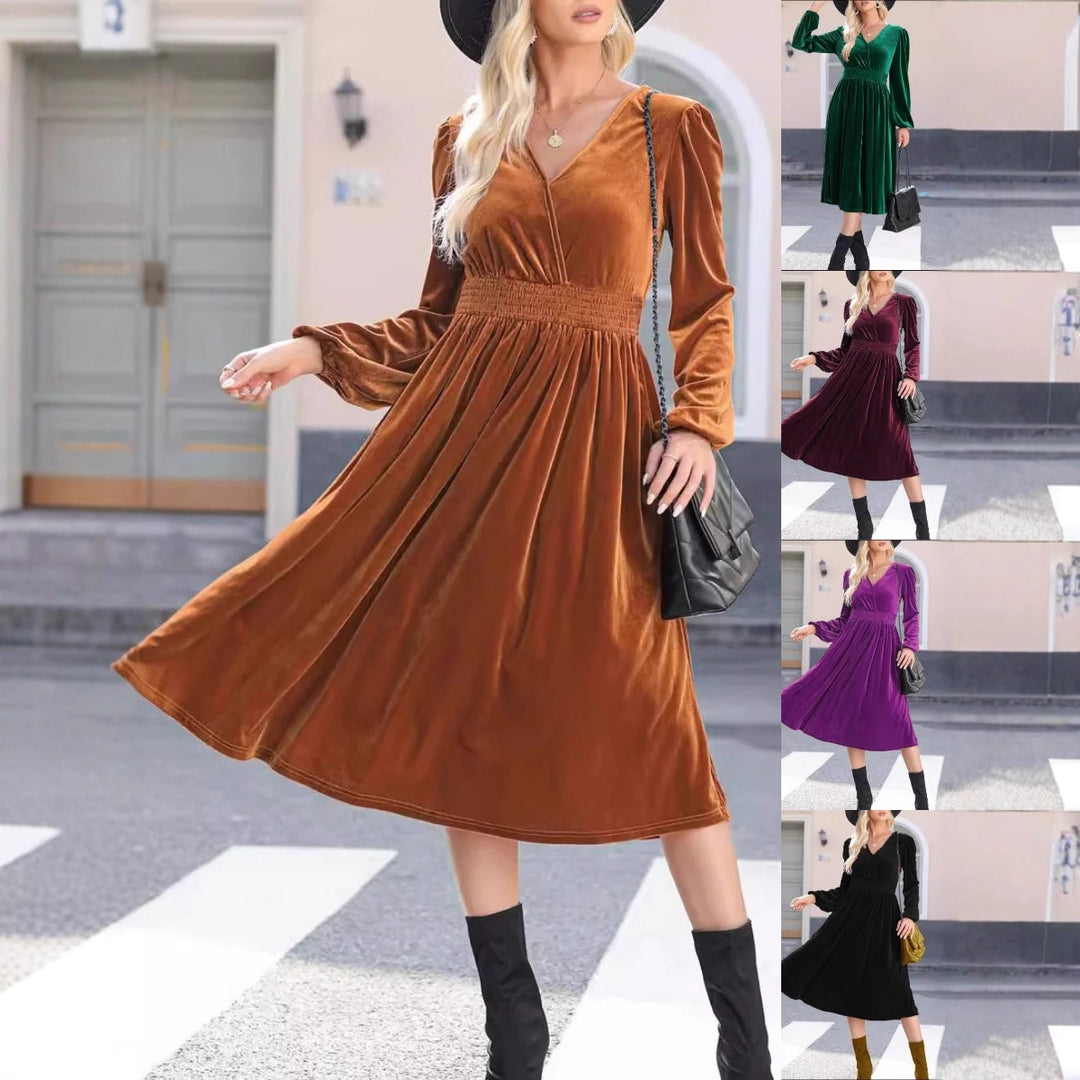 Damen Midikleid aus Samt mit V-Ausschnitt, geraffter Smock-Taille und langen Ballonärmeln EB