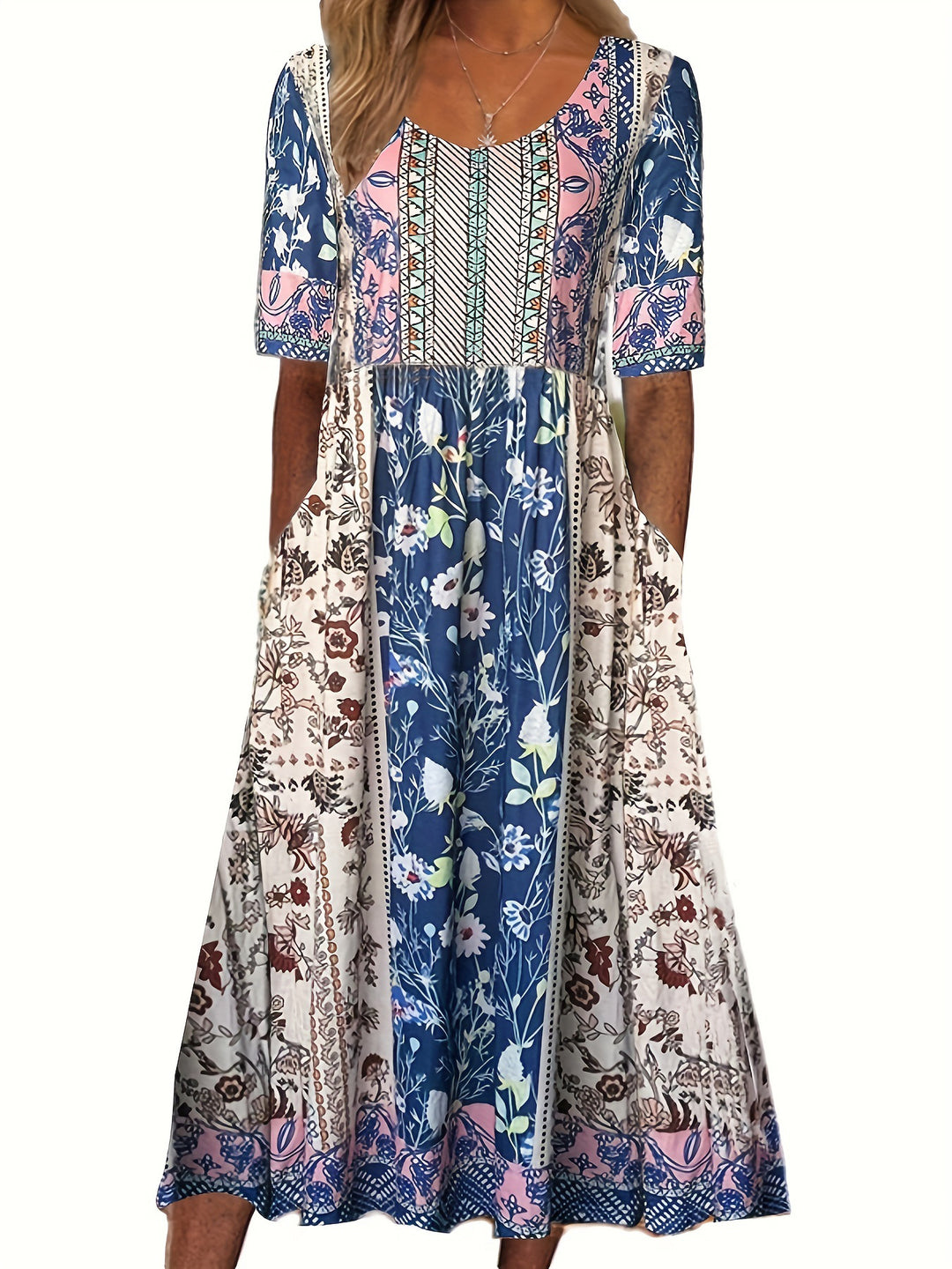 EB | Rundhalsausschnitt Kurzarm Bohemian Print Kleid Frauen
