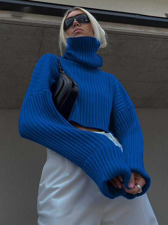 Damen Chunky Strickpullover mit hohem Kragen und Rippstruktur EB