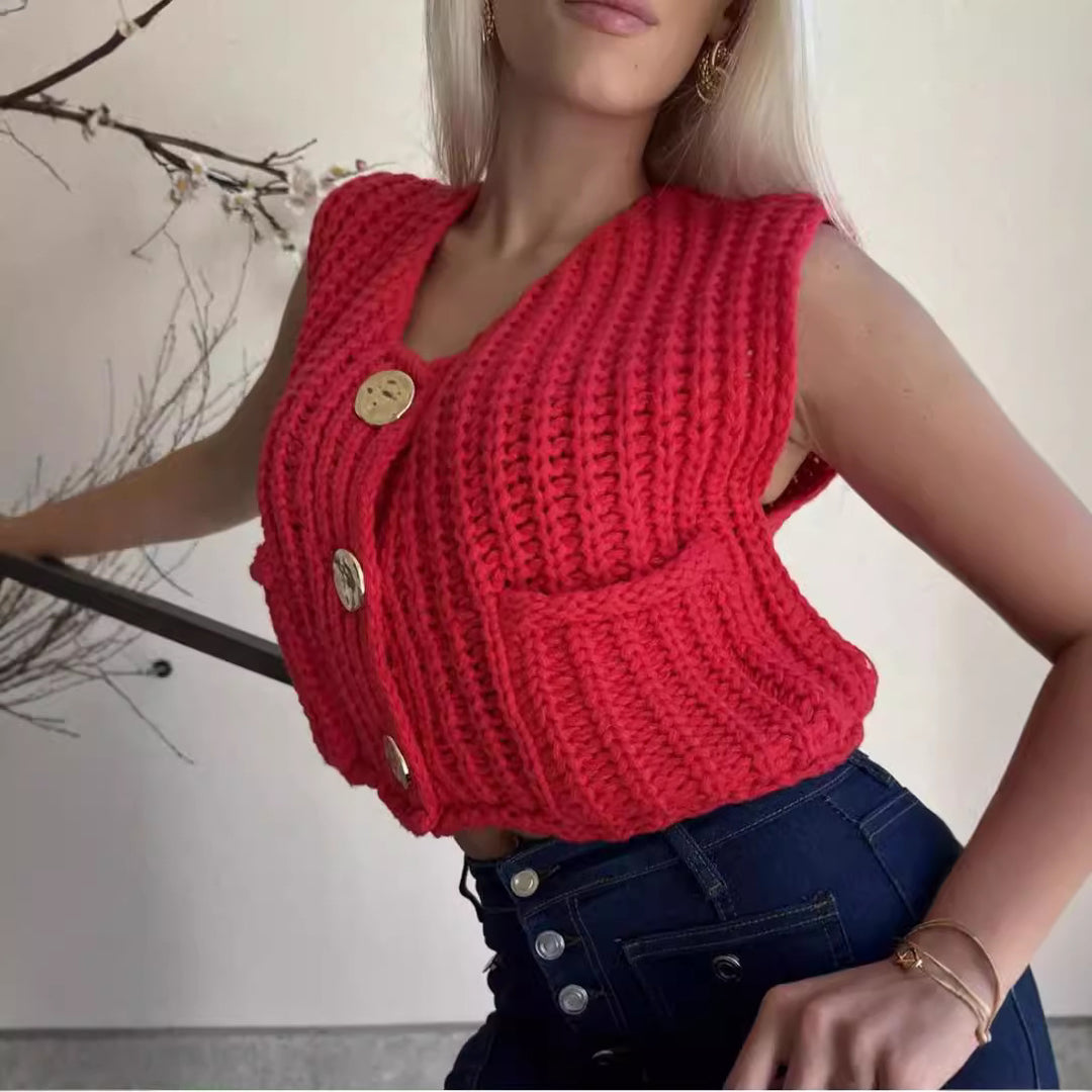 Damen Strickweste mit praktischen Taschen und dekorativen Knöpfen EB