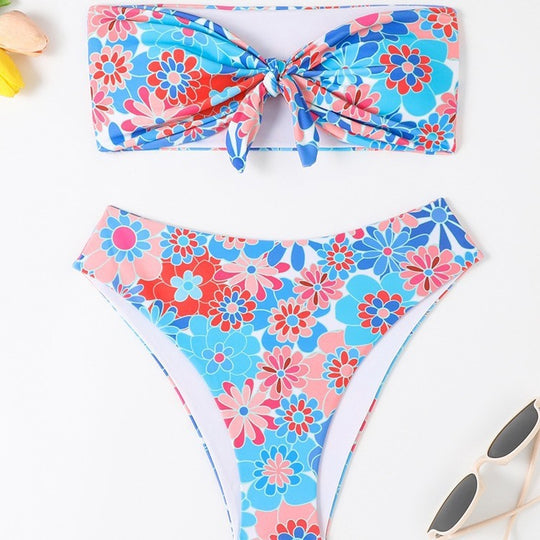 Damen Bandeau Bikini mit modischem Blumenmuster und verspieltem Knotendetail EB