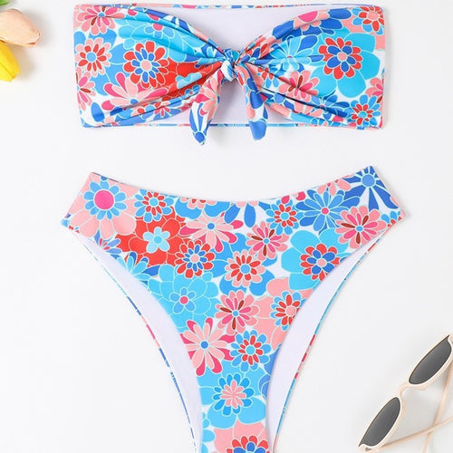 Damen Bandeau Bikini mit modischem Blumenmuster und verspieltem Knotendetail EB