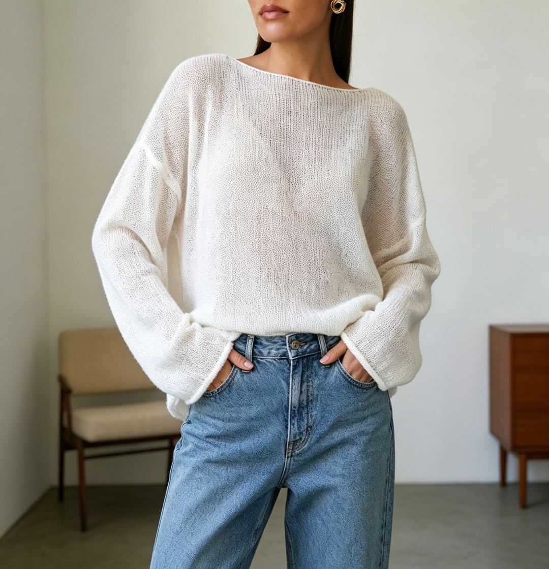 Damen luftiger Oversize-Feinstrickpullover mit weitem Arm und Rundhalsausschnitt EB