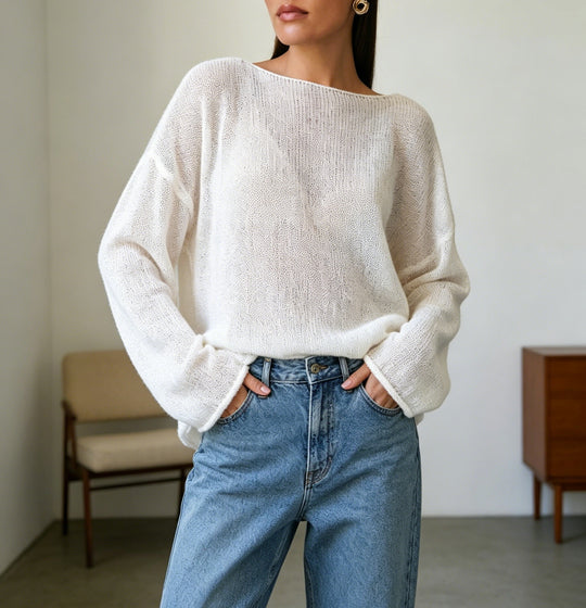 Damen luftiger Oversize-Feinstrickpullover mit weitem Arm und Rundhalsausschnitt EB