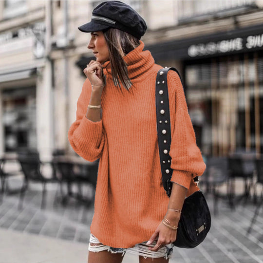 Damen oversized Strickpullover mit hohem Kragen und modischen Details EB
