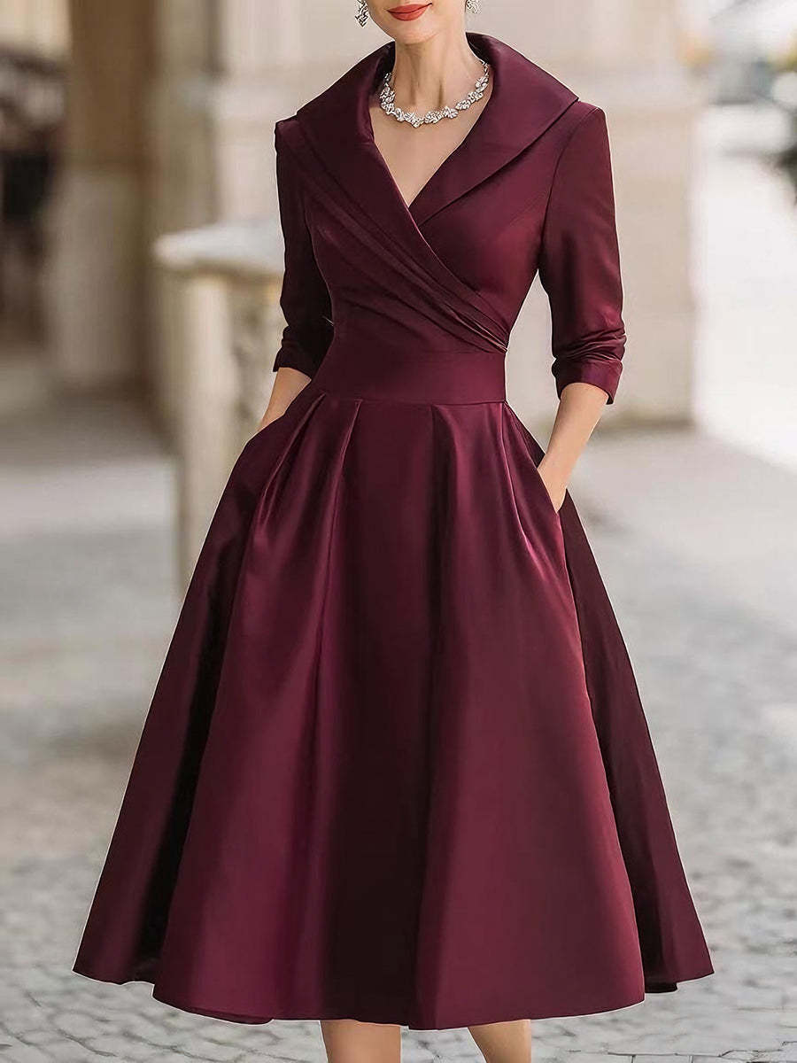 Damen nan elegantes Midikleid mit Wickeloberteil, Dreiviertelärmeln und Eingrifftaschen EB