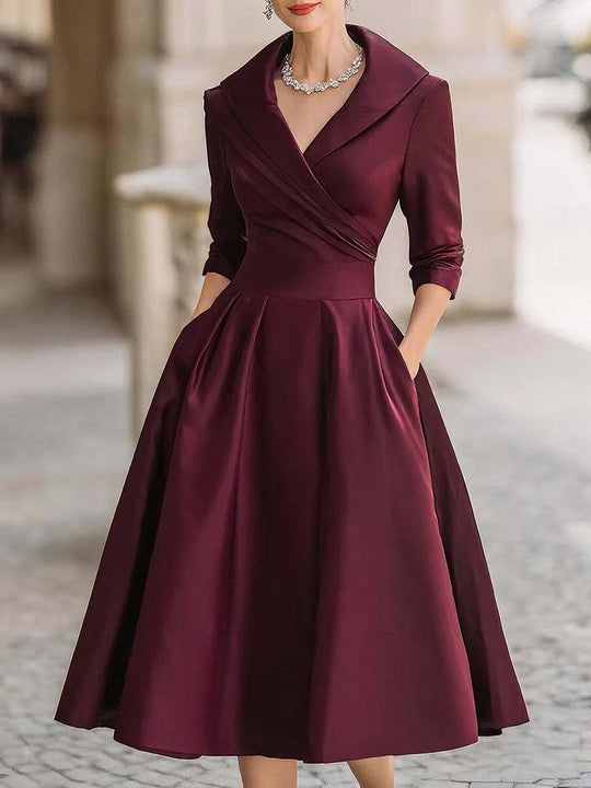 Damen nan elegantes Midikleid mit Wickeloberteil, Dreiviertelärmeln und Eingrifftaschen EB