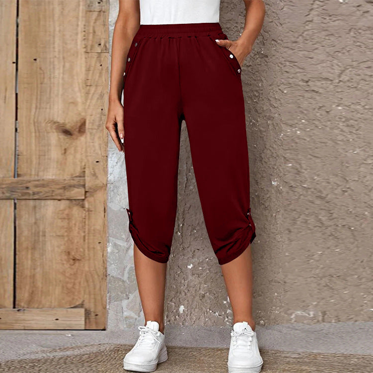 Damen nan lässige dreiviertellange Hose mit elastischem Bund, Eingrifftaschen und krempelbarem Saum EB