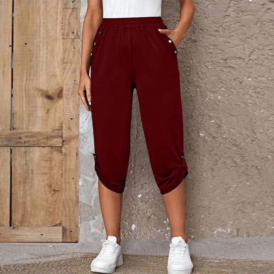 Damen nan lässige dreiviertellange Hose mit elastischem Bund, Eingrifftaschen und krempelbarem Saum EB