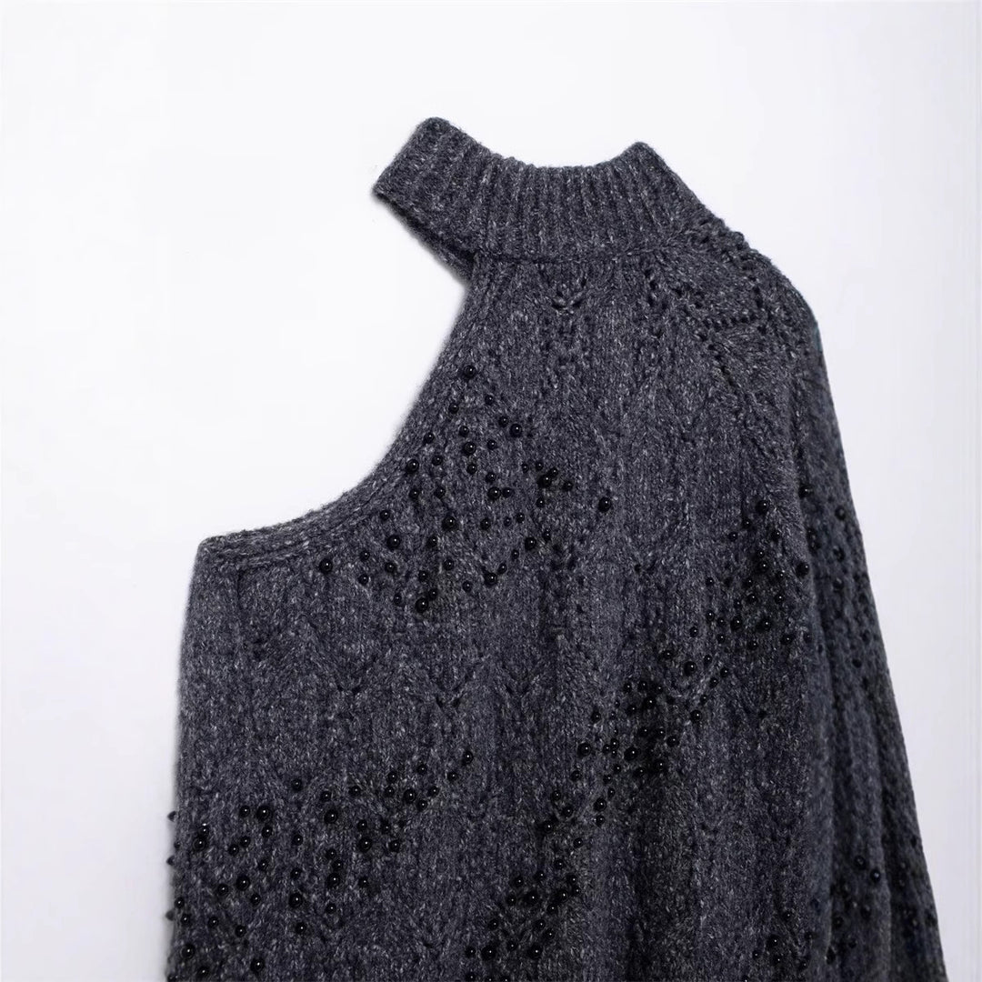 Damen Modischer Oversized Pullover mit asymmetrischem Kragen und strukturiertem Strick EB