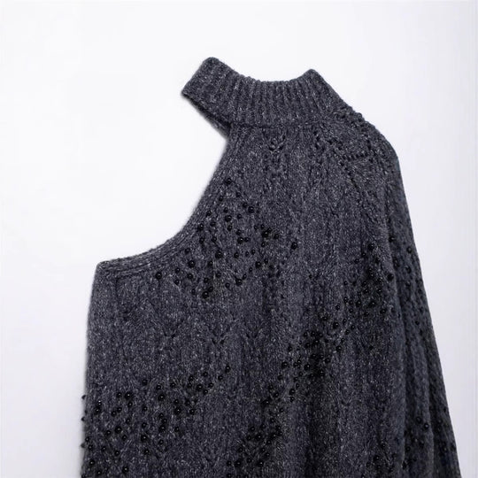 Damen Modischer Oversized Pullover mit asymmetrischem Kragen und strukturiertem Strick EB