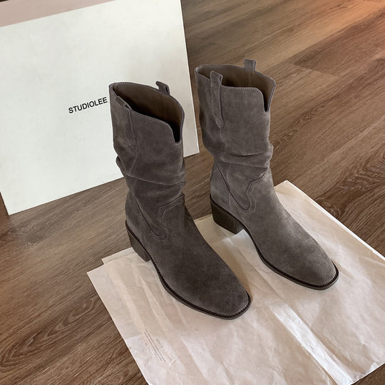 Damen Stiefeletten im modischen Western-Stil mit elegantem Falten-Design EB