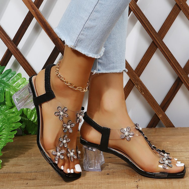 Damen Elegante Sandalen mit Blumenapplikationen und transparentem Absatz EB