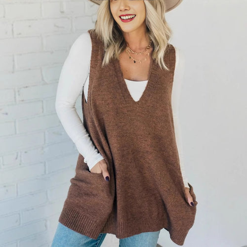 Damen Modische Strickweste mit V-Ausschnitt und praktischen Taschen EB