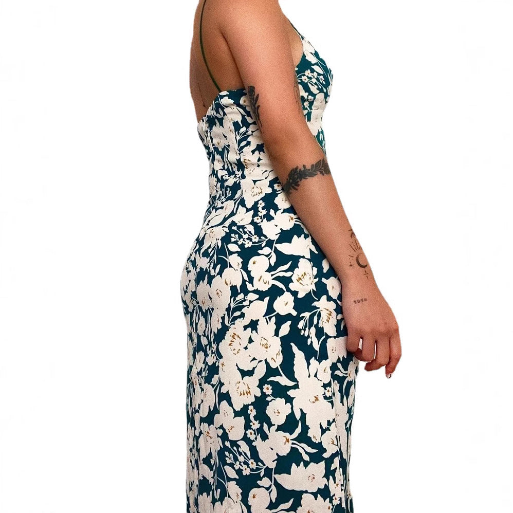 Damen Spaghettiträger Maxikleid mit floralem Design und hohem Schlitz EB
