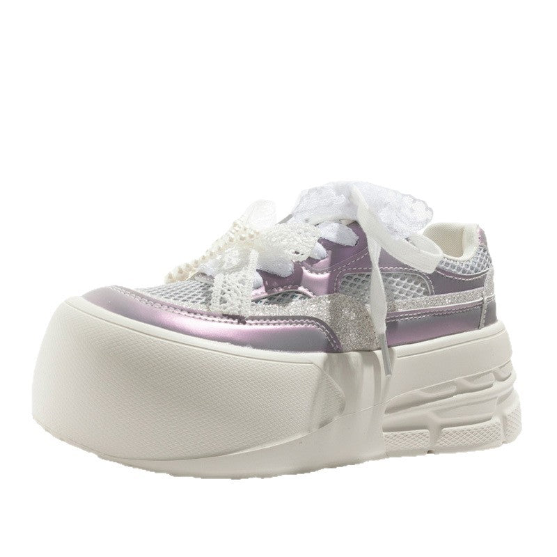 Damen Plattform Sneakers mit dekorativen Perlen und luftiger Mesh-Oberfläche EB