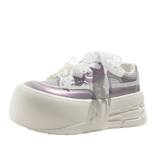 Damen Plattform Sneakers mit dekorativen Perlen und luftiger Mesh-Oberfläche EB