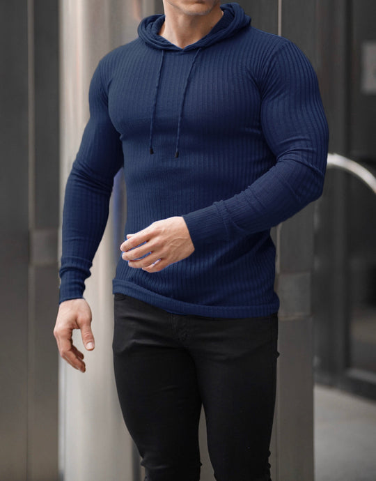 Herren nan eng anliegendes Rippstrick-Kapuzenlongsleeve mit Slim-Fit und Elastikanteil EB