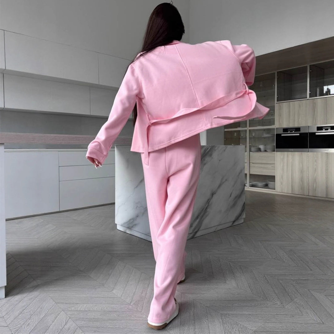 Damen Zweiteiliges Loungewear-Set mit tailliertem Blouson, Bindegürtel und weiter Palazzo-Hose EB
