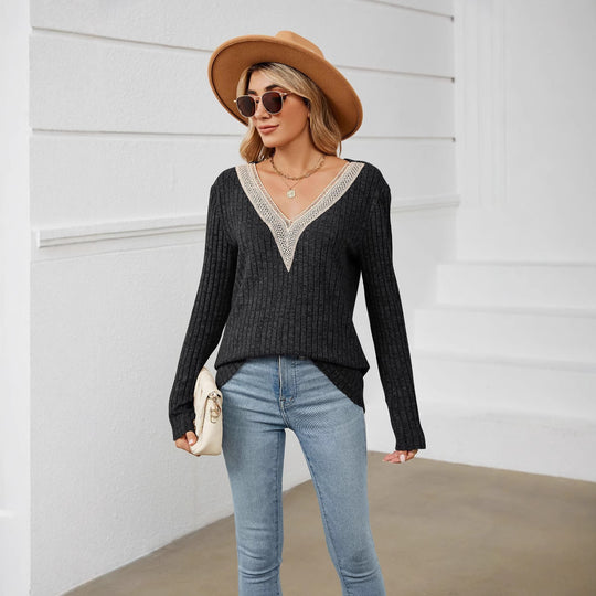 Damen Strickpullover mit V-Ausschnitt und romantischer Spitze EB