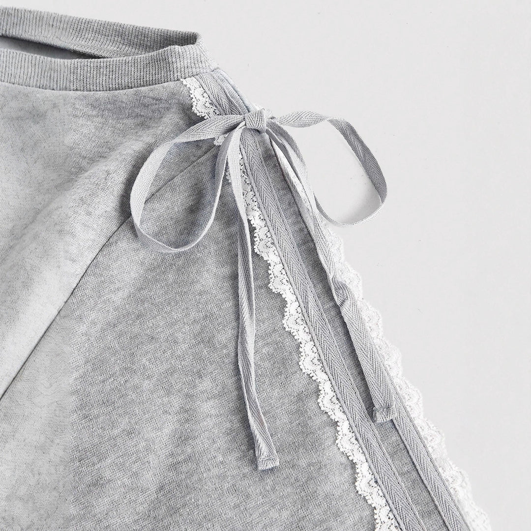 Damen Kurzgeschnittenes One-Shoulder Sweatshirt mit Ballonärmeln und Schnürdetail EB