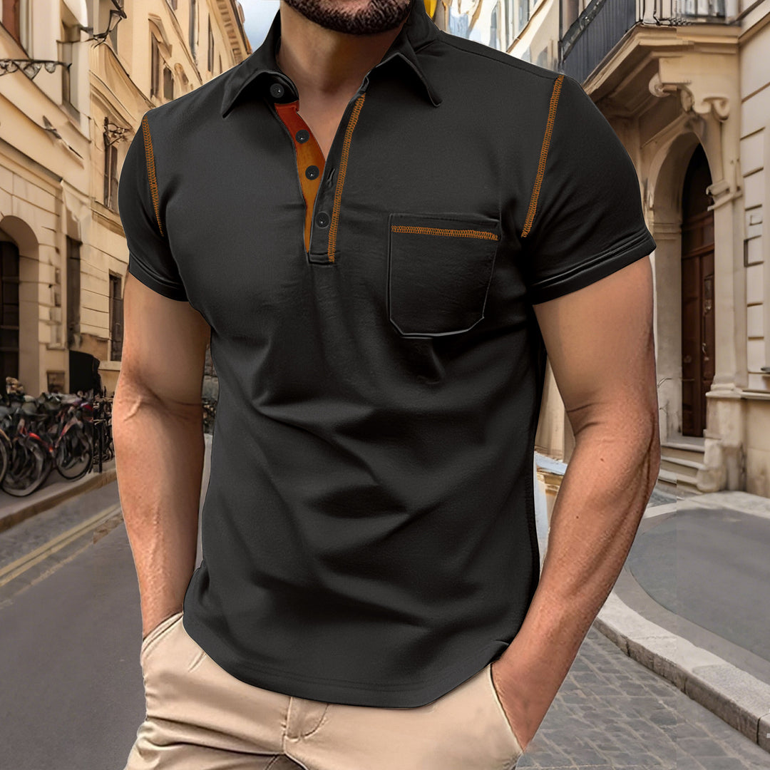 Herren nan Kurzarm-Polo mit Brusttasche, kontrastierender Steppnaht und Hemdkragen EB