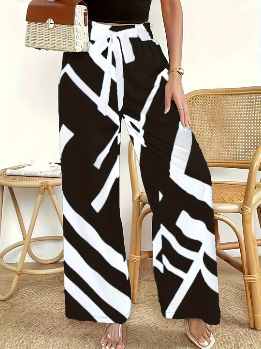Damen Weite Palazzo-Hose mit modernem Grafikdruck und elastischem Bund EB