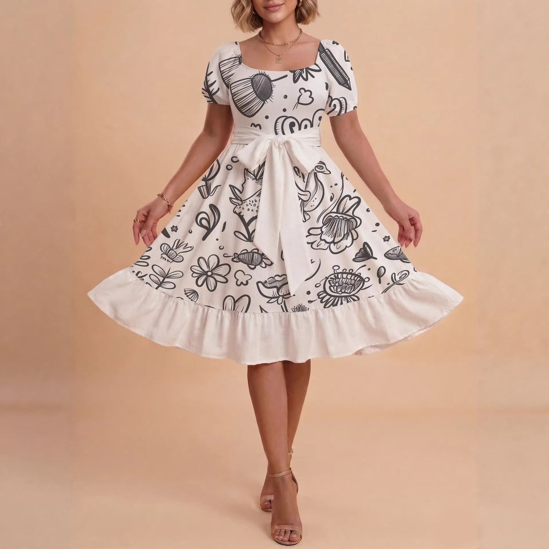Damen Midi Kleid mit elegantem Blumendruck und tailliertem Gürtel EB