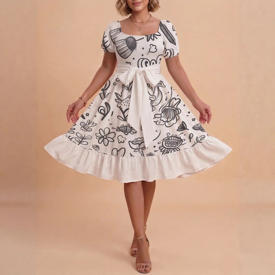 Damen Midi Kleid mit elegantem Blumendruck und tailliertem Gürtel EB