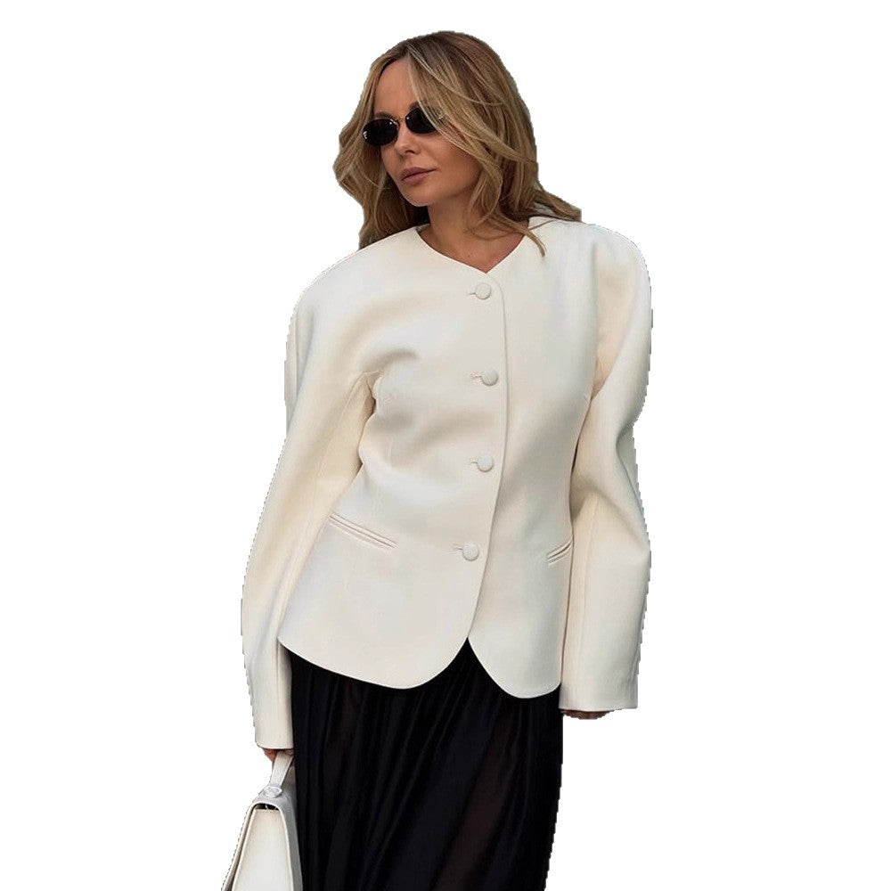 Damen Elegante Blazerjacke mit modischen Puffärmeln und dekorativem Knopfdesign EB