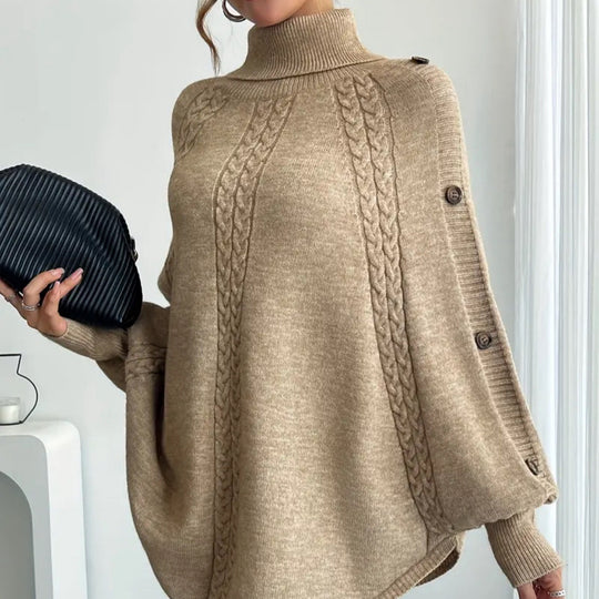 Damen Eleganter Strickponcho mit Rollkragen und Zopfmuster EB