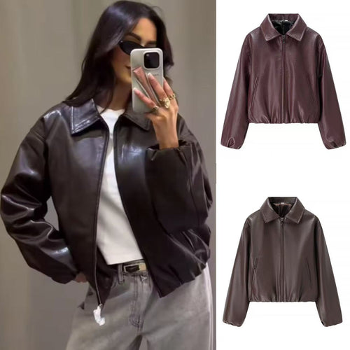 Damen nan kurze Glanz-Kunstlederjacke mit Hemdkragen, verdecktem Reißverschluss und elastischem Bund EB
