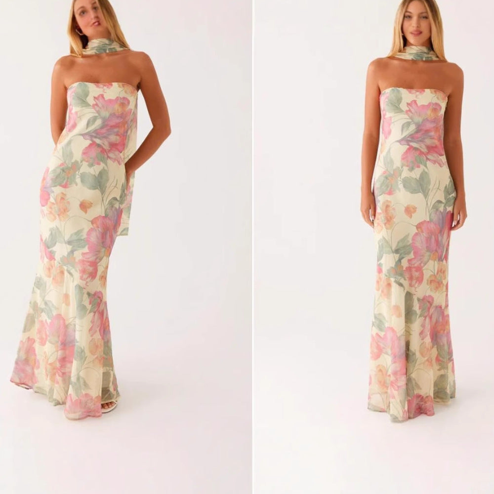 Damen Elegantes Langarm Abendkleid im Blumendesign EB