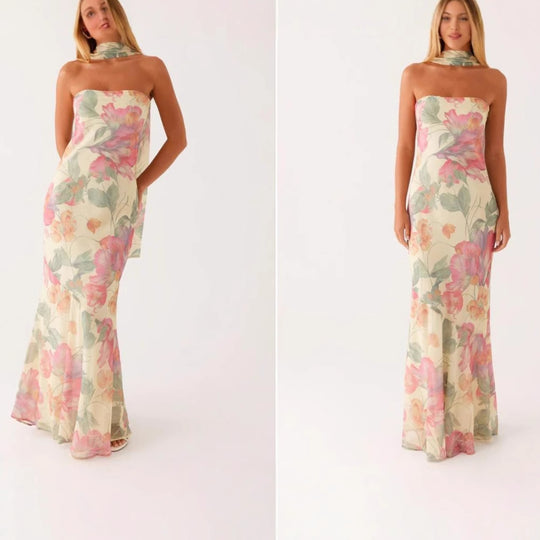 Damen Elegantes Langarm Abendkleid im Blumendesign EB