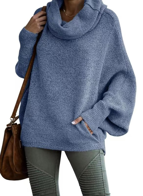 Damen lässiger Strickpullover mit weichem Stehkragen und weit geschnittenen Ärmeln EB