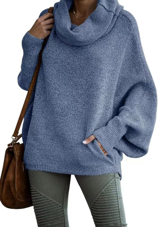 Damen lässiger Strickpullover mit weichem Stehkragen und weit geschnittenen Ärmeln EB