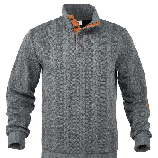 Herren nan Zopfmuster-Pullover mit Stehkragen, halber Knopfleiste und Ellbogenpatches EB