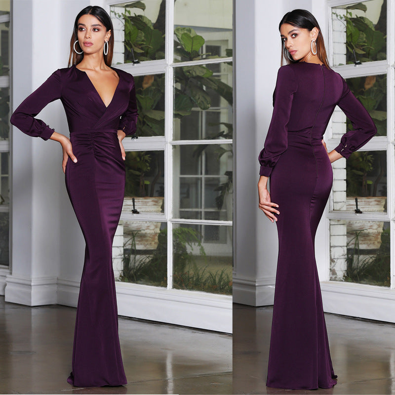 Damen Elegantes Wickelkleid mit Langarm und Raffungen EB