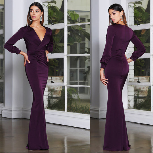 Damen Elegantes Wickelkleid mit Langarm und Raffungen EB