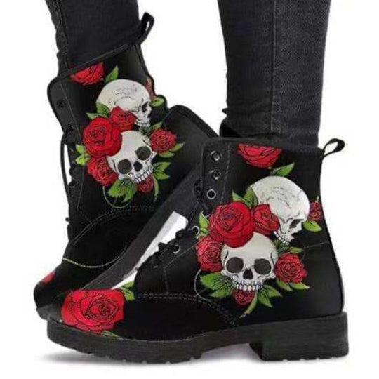 Damen Schnürstiefeletten mit kreativem Totenkopf-Design und robustem Profilsohle EB