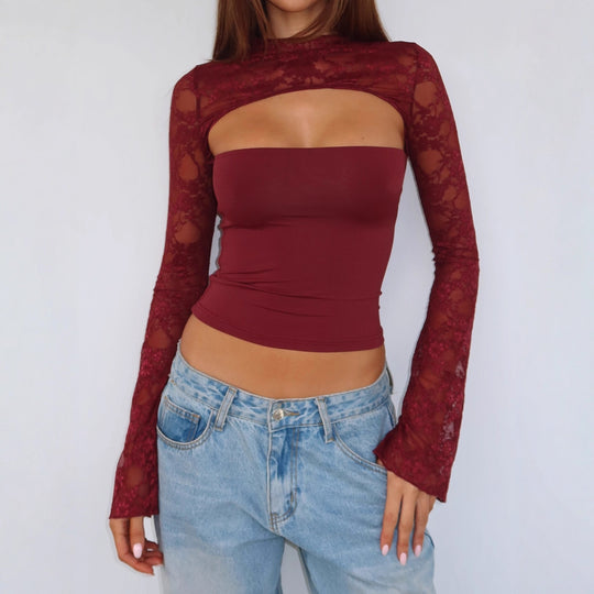 Damen Elegantes Oberteil mit transparenten Ärmeln und hochwertiger Spitze EB