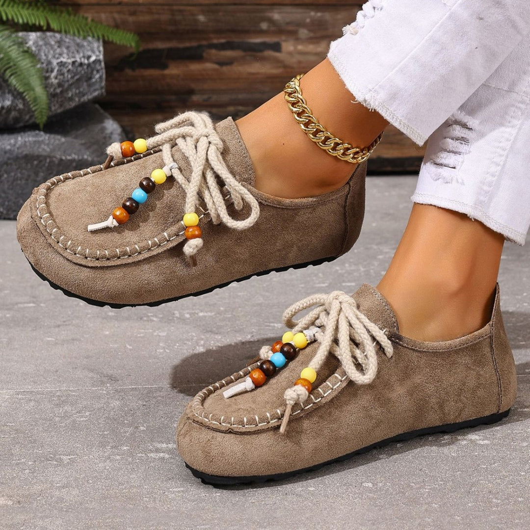 Damen Mokassin-Schuhe mit farbenfrohen Charakterperlen und rutschfester Sohle EB