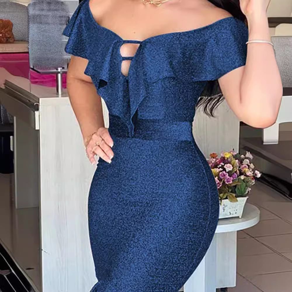 Damen figurbetontes Abendkleid mit Volant und Off-Shoulder Design EB